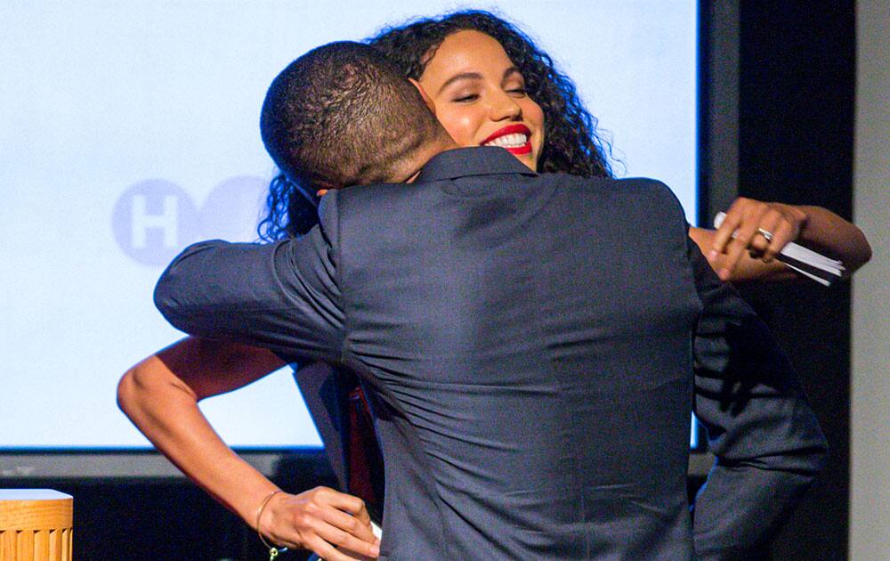 Jurnee Smollett-Bell and Jussie Smollett embraces on stage during the Black Aids Institute's 16th Annual Heroes in the Struggle Gala held at the Directors Guild of America, in Los Angeles. 