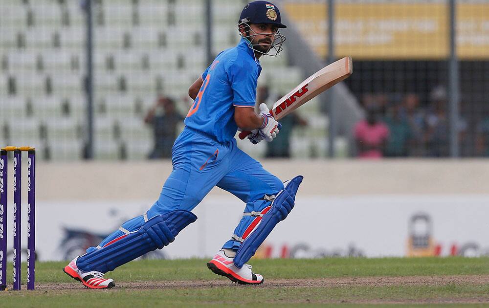 India’s Virat Kohli plays a shot during the second one-day international cricket match against Bangladesh in Dhaka, Bangladesh.