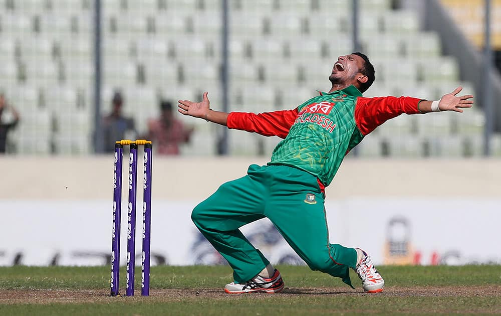 Bangladesh’s Nasir Hossain successfully makes an LBW appeal for the dismissal of India’s Virat Kohli during their second one-day international cricket match in Dhaka, Bangladesh.
