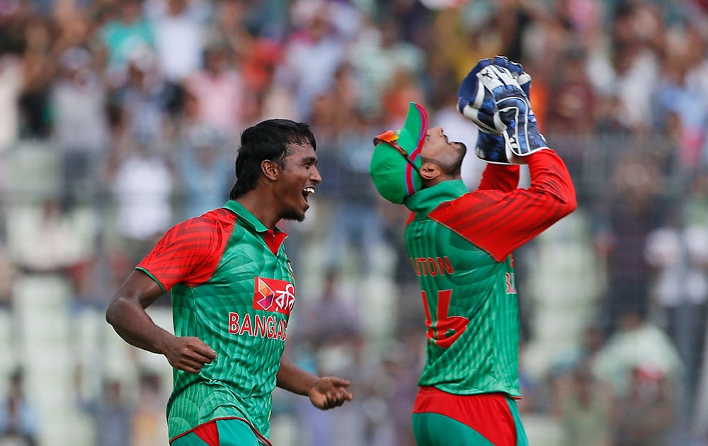 Bangladesh’s Rubel Hossain, left, and Litton Das celebrates the dismissal of India’s Ambati Rayudu during their second one-day international cricket match in Dhaka, Bangladesh.