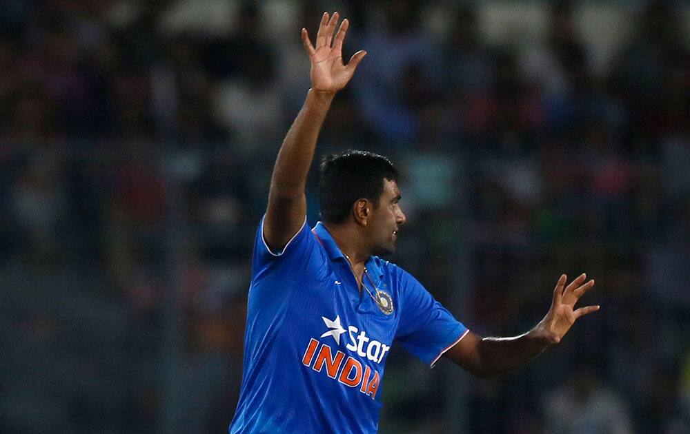 India’s Ravichandran Ashwin successfully makes an LBW appeal for the dismissal of Bangladesh’s Soumya Sarkar during their second one-day international cricket match in Dhaka, Bangladesh.