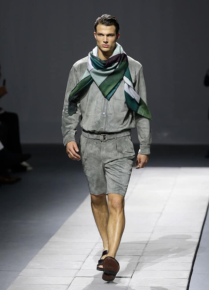 A model wears a creation for Brioni men's Spring-Summer 2016 collection, part of the Milan Fashion Week.