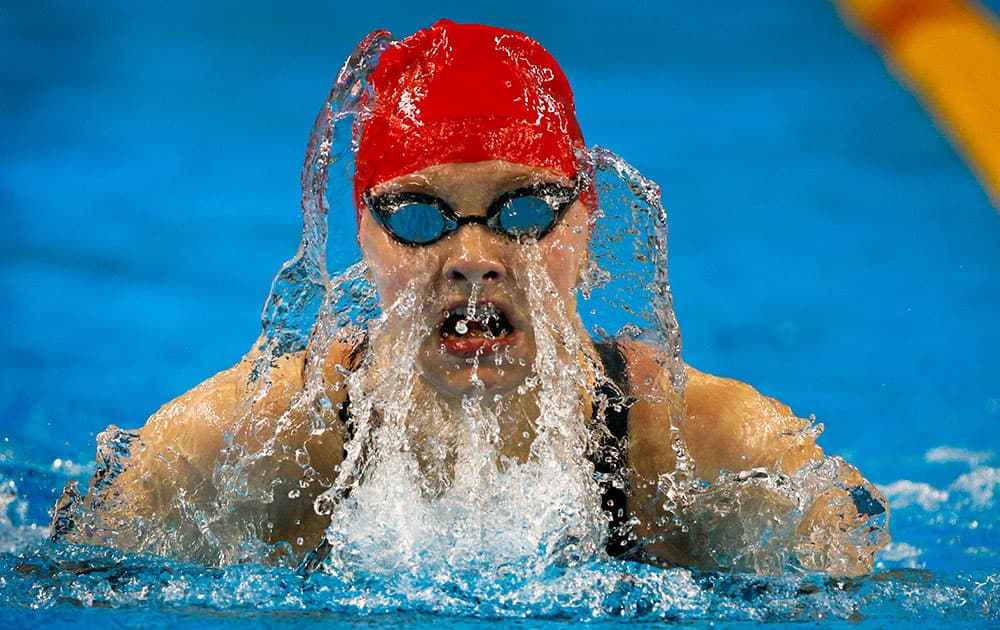 Emma Cain of Great Britain competes during swimming women's 50m breaststroke event at the 2015 European Games in Baku, Azerbaijan.