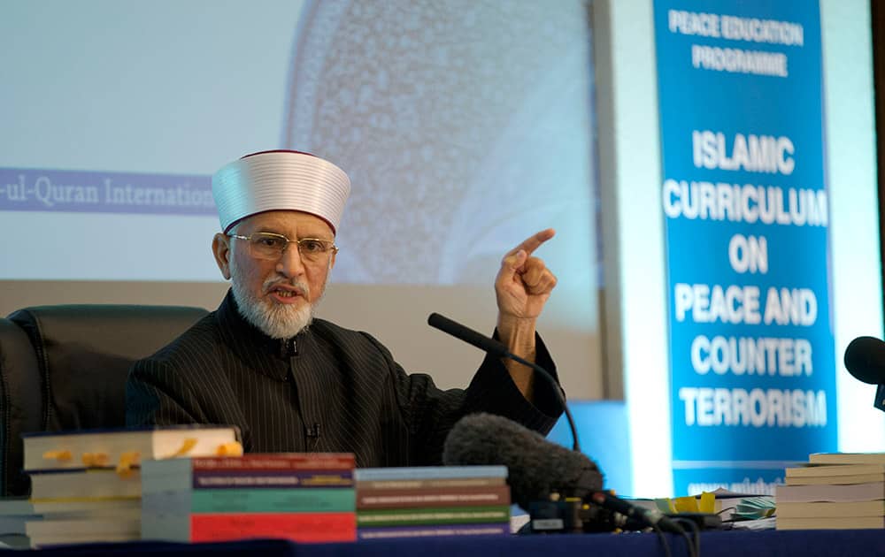 Pakistan cleric Shaykh-ul-islam Dr Muhammad Tahir-ul-Qadri, the founder of the Minhaj-ul-Quran International organization, delivers a keynote speech at the launch of the Islamic Curriculum on Peace and Counter Terrorism in London.