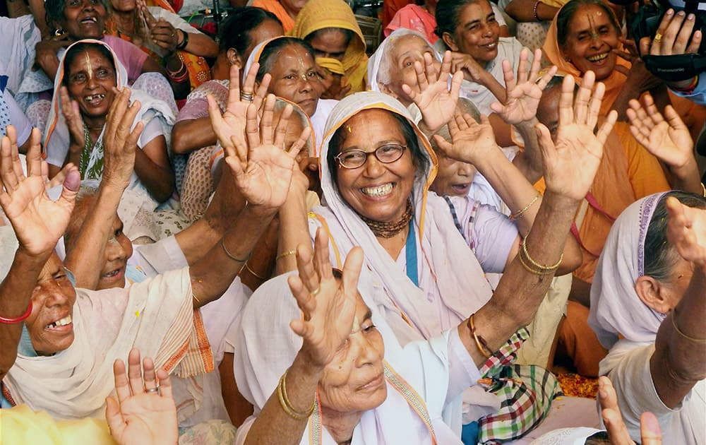 Widows celebrating International Widows Day at Sharda Mahila Ashray Sadan in Vrindavana.