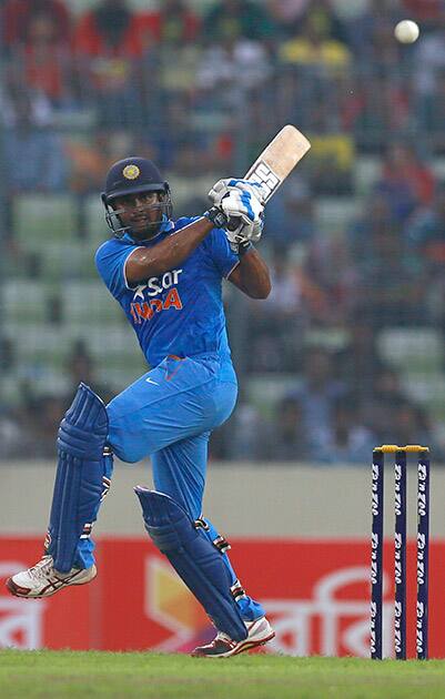 Ambati Rayudu plays a shot during the third one-day international cricket match against Bangladesh in Dhaka.