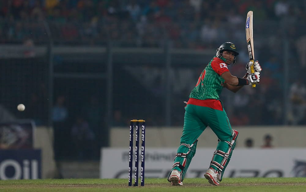 Soumya Sarkar plays a shot during the third one-day international cricket match against India in Dhaka.