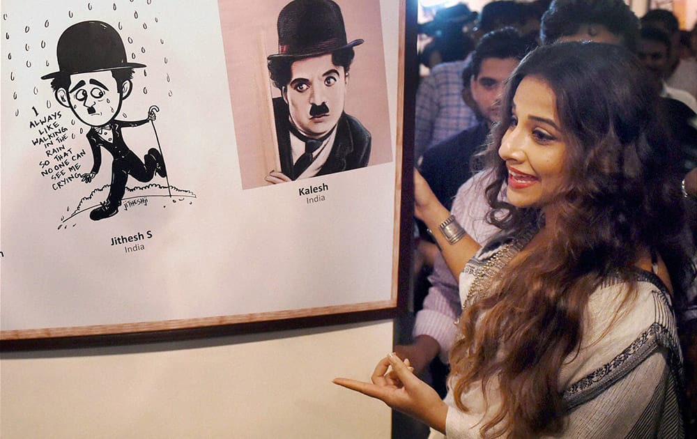 Vidya Balan during the inaugration of an exhibition on legendary artist Charlie Chaplin in Mumbai.