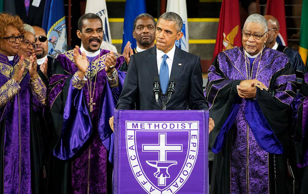 President Barack Obama speaks during services honoring the life of Rev. Clementa Pinckney, at the College of Charleston TD Arena in Charleston, S.C. Pinckney was one of the nine people killed in the shooting at Emanuel AME Church last week in Charleston.