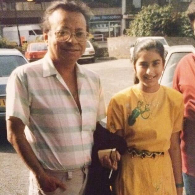 Aaj #Boss ka birthday hai! Here's 7year old funny teeth me (tanned from 2 months in Florida) with #Panchamda ❤️ #RDBurman #music #legend #bollywood #fangirl #London - Instagram@sophiechoudry