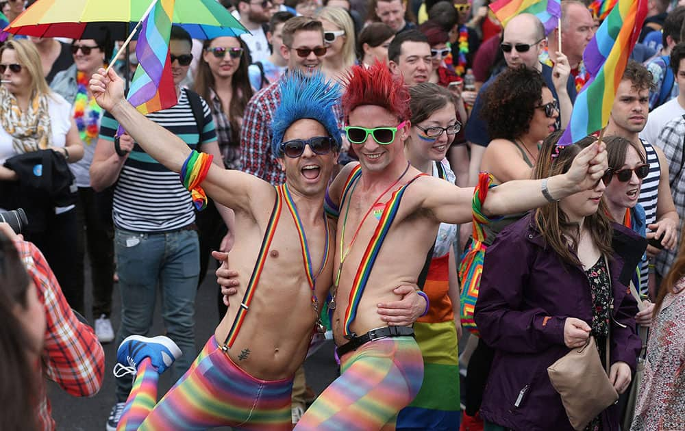 Participants on OConnell Street in Dublin take part in a Gay Pride parade in Dublin.