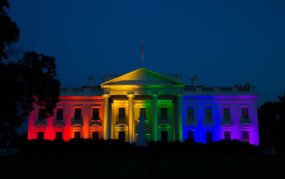 The White House is illuminated in celebration after the Supreme Court ruled that the Constitution guarantees a right to same-sex marriage.