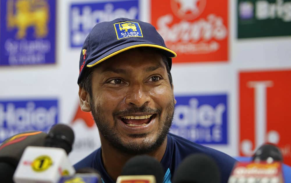 Sri Lanka’s Kumar Sangakkara, 37-year-old left-hander, speaks during a press conference in Colombo, Sri Lanka.