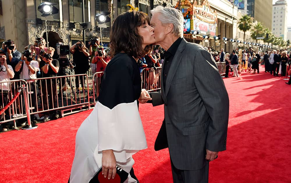 Evangeline Lilly, left, and Michael Douglas, cast members in 