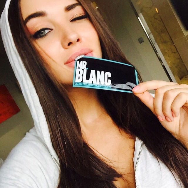 Amy Jackson :- Loving how white my teeth are now after using @MrBlancTeeth. 