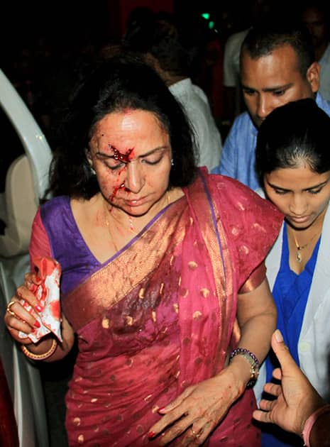 Veteran actress and BJP MP Hema Malini being rushed to a hospital in Jaipur after being injured in a road accident in Dausa.