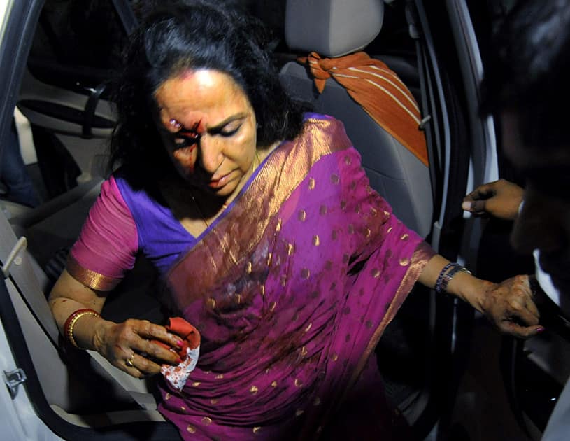 Veteran actress and BJP MP Hema Malini being rushed to a hospital in Jaipur after being injured in a road accident in Dausa.