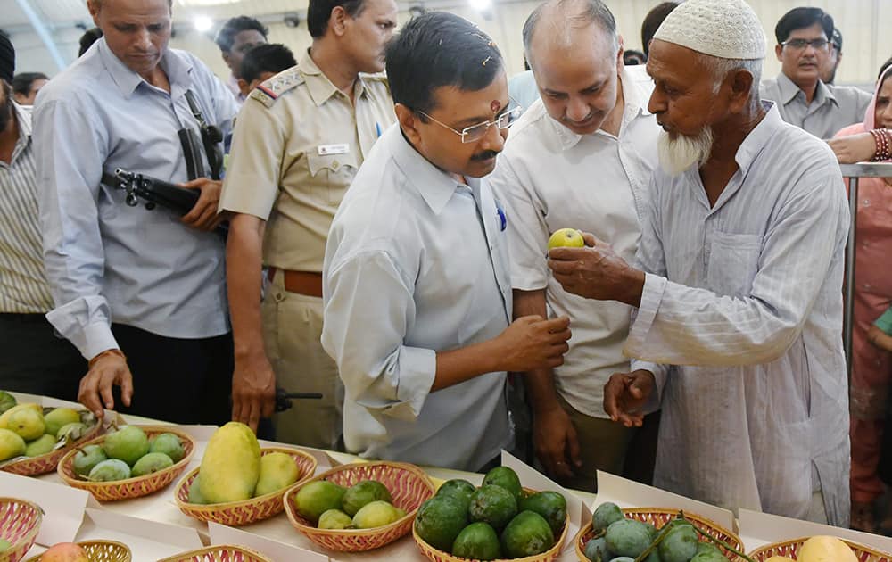 Delhi Chief Minister Arvind Kejriwal along with Dy CM Manish Sisodia having a look of varieties mangoes at the ongoing Annual Mango Festival 2015 at Janakpuri Dilli Haat in New Delhi.