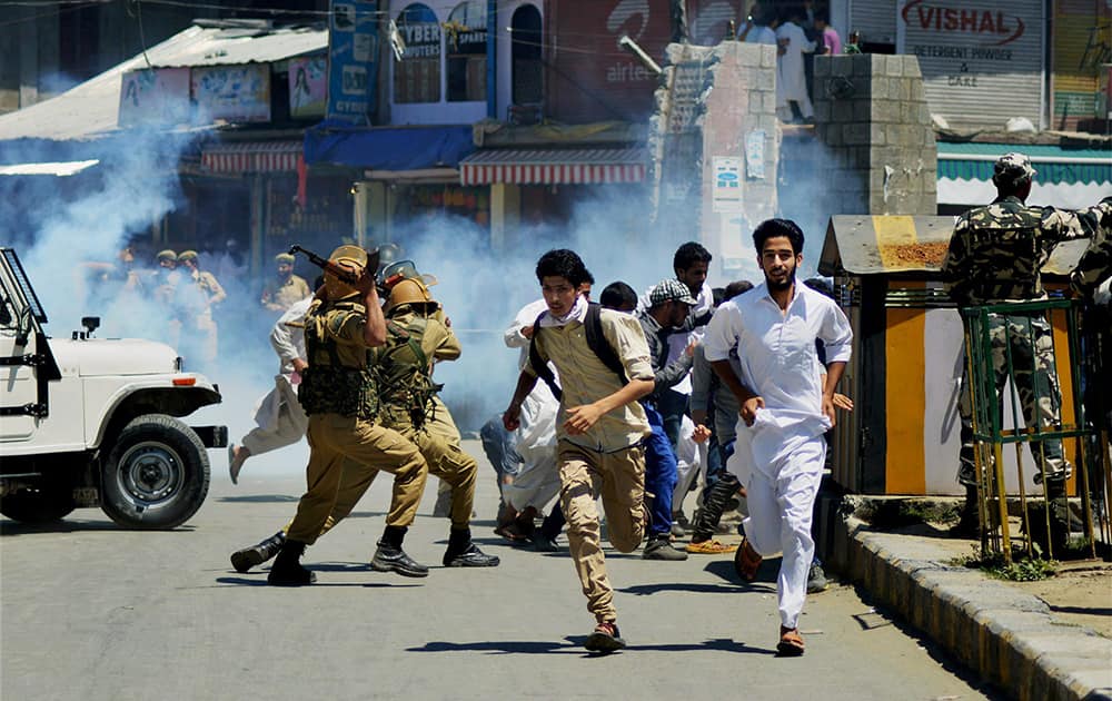 Jammu and Kashmir police and security forces during clashes with protesters in Anantnag.