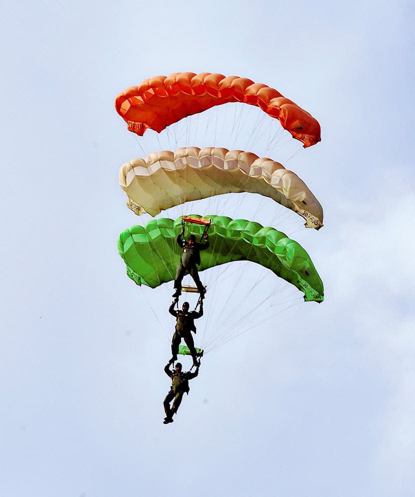 Cadets of officers Training Academy performing free fall para jumping from AN 32 Aircraft during a Sky Diving Demo organized by OTA at Kayar Lake area near Chennai.