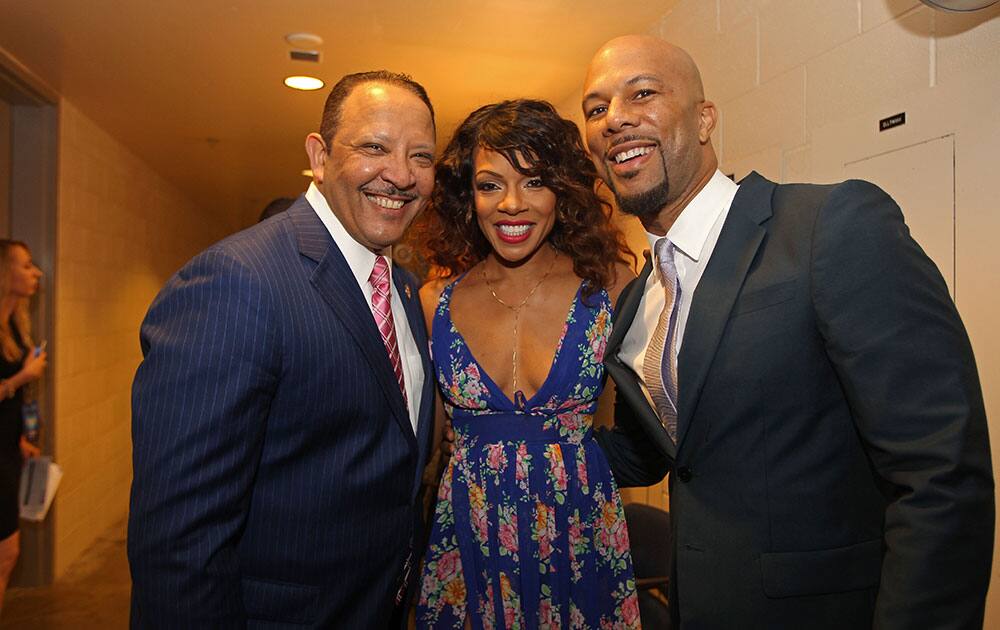 President and CEO Marc Morial, left, actress Wendy Raquel Robinson and rapper /actor Common pose at 365 Black Awards during the 2015 Essence Music Festival at Ernest N. Morial Convention Center in New Orleans, LA .