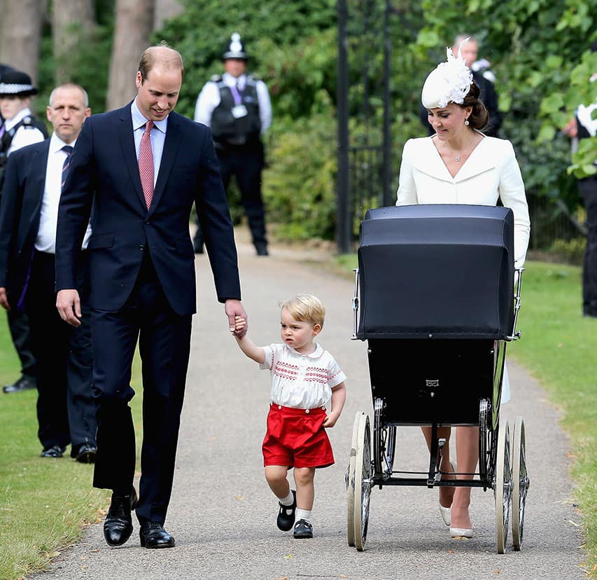 Britain's Prince William, Kate the Duchess of Cambridge, their son Prince George and their daughter Princess Charlotte arrive for Charlotte's Christening at St. Mary Magdalene Church in Sandringham, England.