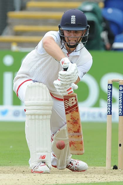 England’s Gary Ballance plays a shot during day one of the first Ashes Test cricket match, in Cardiff, Wales.