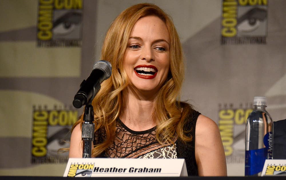 Heather Graham speaks during the 'Call of Duty Black Ops III: Zombie World' panel on day 1 of Comic-Con International, in San Diego, Calif. 