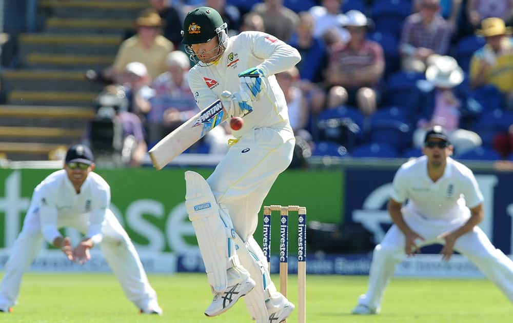 Australia's Michael Clarke plays a shot during day two of the first Ashes Test cricket match, in Cardiff, Wales.