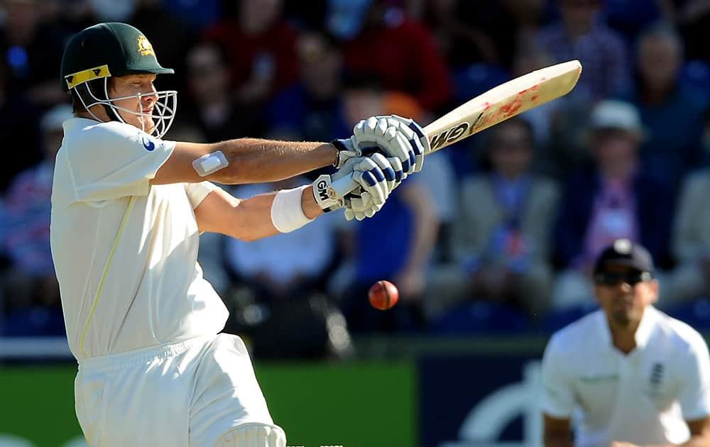 Australia's Shane Watson plays a shot during day two of the first Ashes Test cricket match, in Cardiff, Wales.