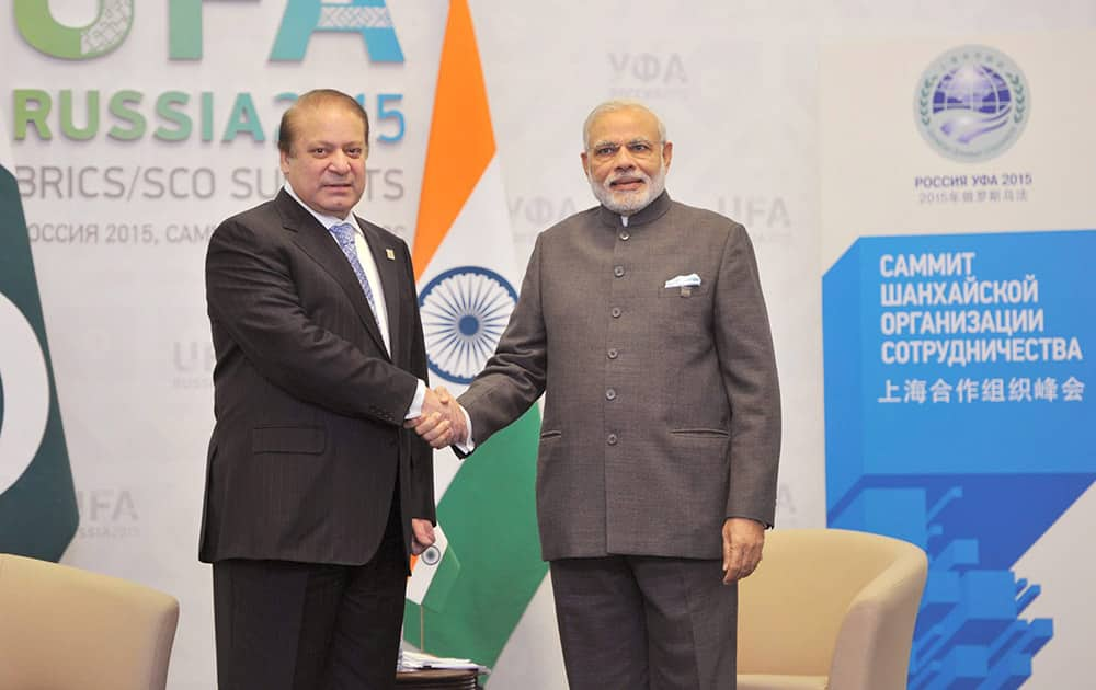 Prime Minister Narendra Modi shakes hands with his Pakistani Counterpart Nawaz Sharif during a meeting at UFA in Russia.