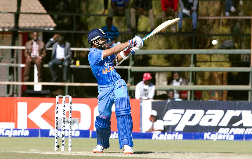 Ajiknya Rahane plays a shot during the first One Day International against Zimbabwe in Harare, Zimbabwe.