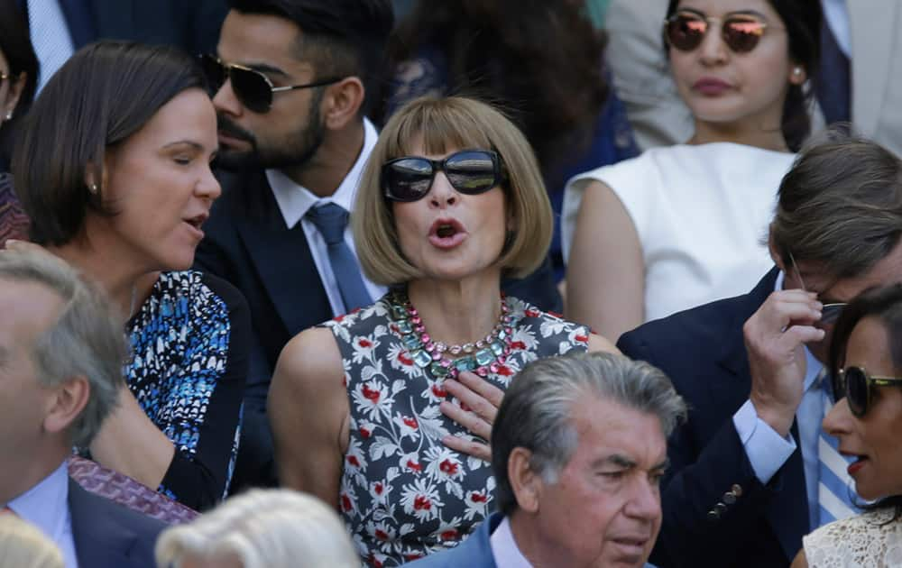 Vogue editor Anna Wintour sits in the Royal Box, on Centre Court, ahead of the men's singles semifinal matches, at the All England Lawn Tennis Championships in Wimbledon, London.