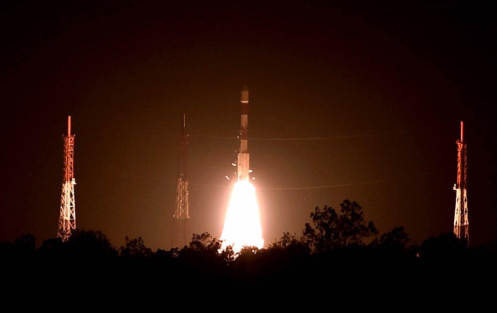 Indian Space Research Organisation (ISRO)s PSLV C 28 carrying five satellites from the UK, lifts off from Satish Dhawan Space Center in Sriharikota.