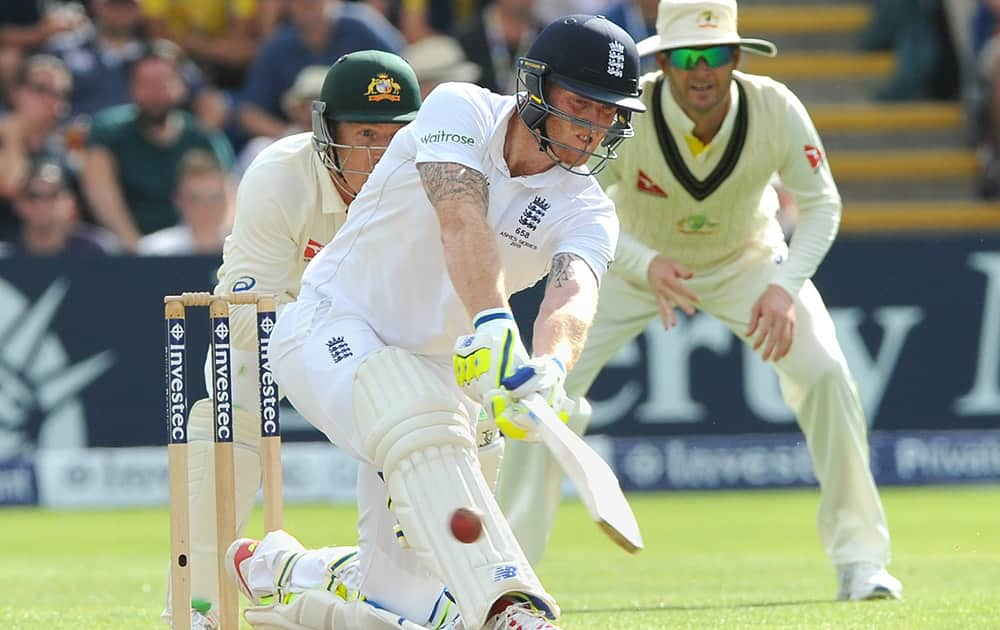 England's Ben Stokes plays a shot during day three of the first Ashes Test cricket match, in Cardiff, Wales.