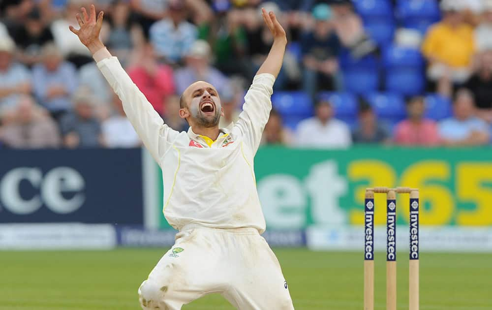 Unsuccessful appeal by Australia’s Nathan Lyon during day three of the first Ashes Test cricket match, in Cardiff, Wales.