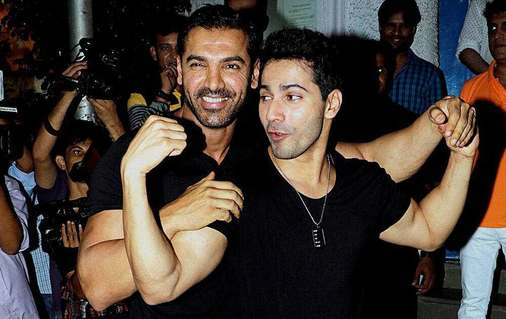 Varun Dhawan and John Abraham during the success party of ABCD 2 in Mumbai.