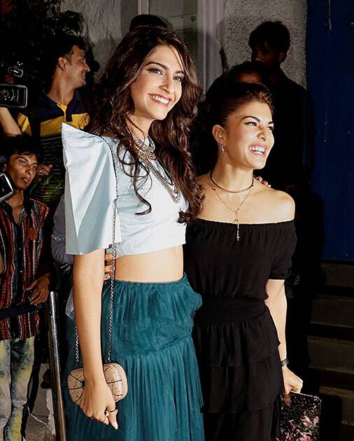 Sonam Kapoor and Jacqueline Fernandez during the success party of the film ABCD 2 in Mumbai.