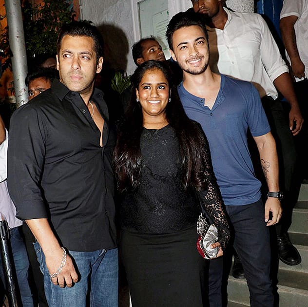 Salman Khan with his sister Arpita Khan and her husband Aayush Sharma during the success party of film ABCD 2 in Mumbai.