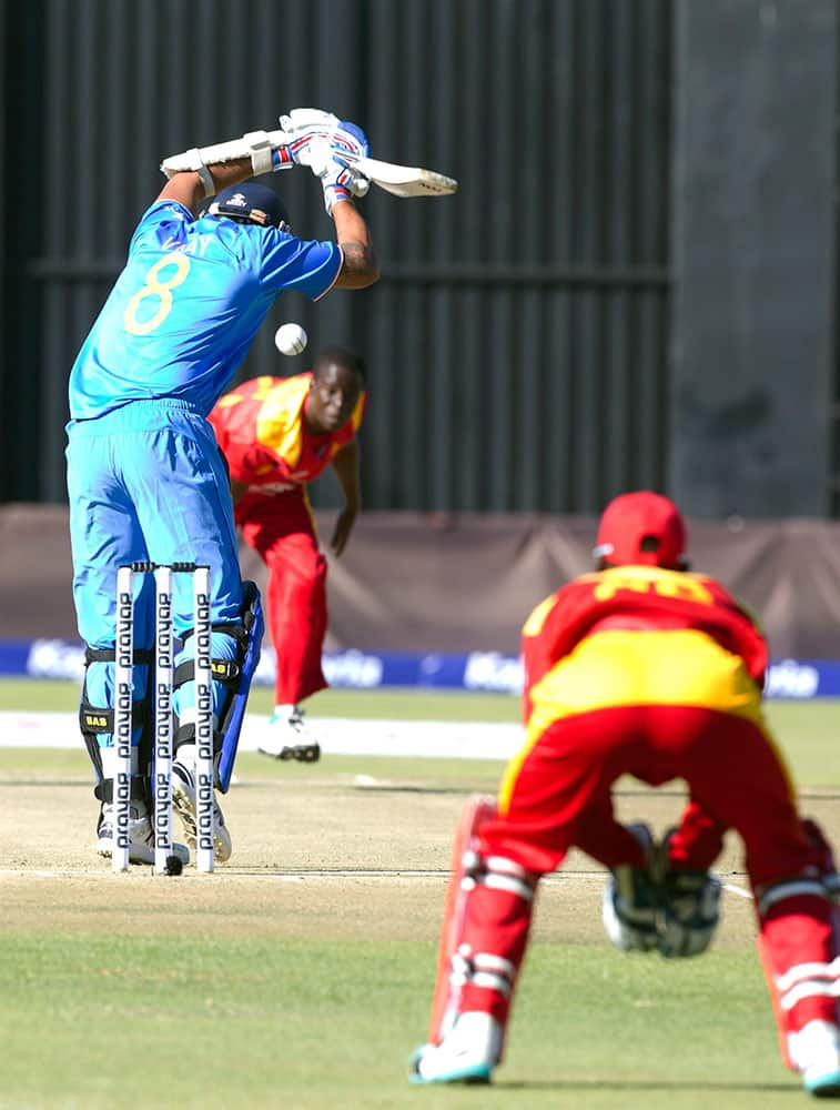 Indian batsman Murali Vijay avoids the ball in the second one-day international cricket match against Zimbabwe in Harare, Zimbabwe.