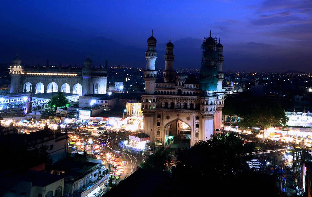 A view from the historic Charminar Ramdan Night Bazar in old city of Hyderabad.