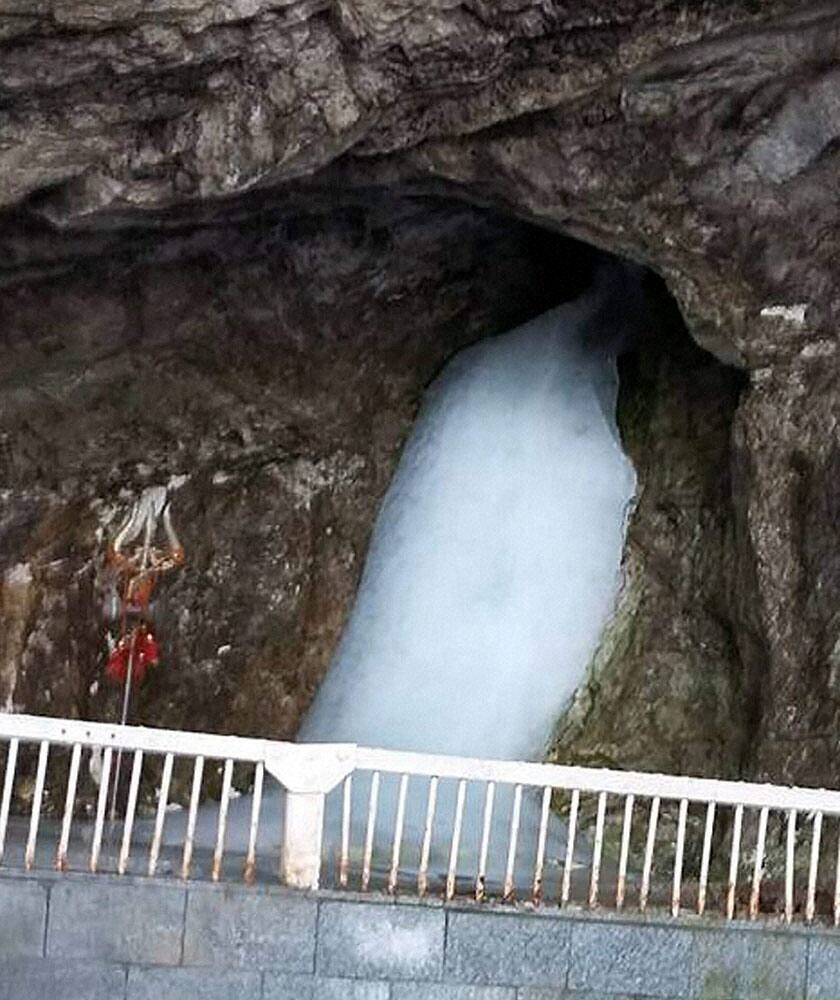 A view of Shiv Lingam at the holy Amarnath Cave.