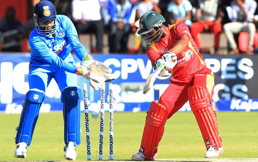 Zimbabwean batsman Regis Chakabva is bowled out during the One Day International cricket match against India in Harare, Zimbabwe.