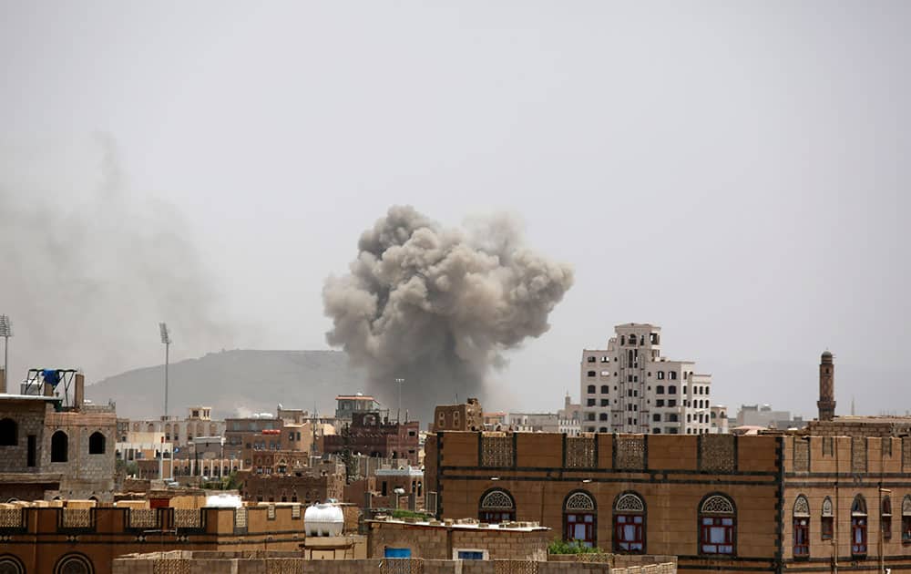 Smoke rises after an airstrike by the Saudi-led coalition in Sanaa, Yemen.