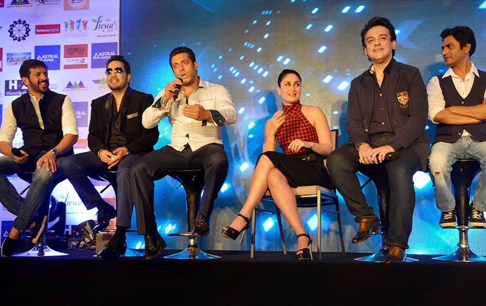 Star cast of film Bajrangi Bhai Jaan, Salman Khan, Kareena Kapoor Khan, Nawazuddin Siddiqui, Kabir Khan, Amar Butala and singer Adnan Sami during a promotional event in Gurgaon.