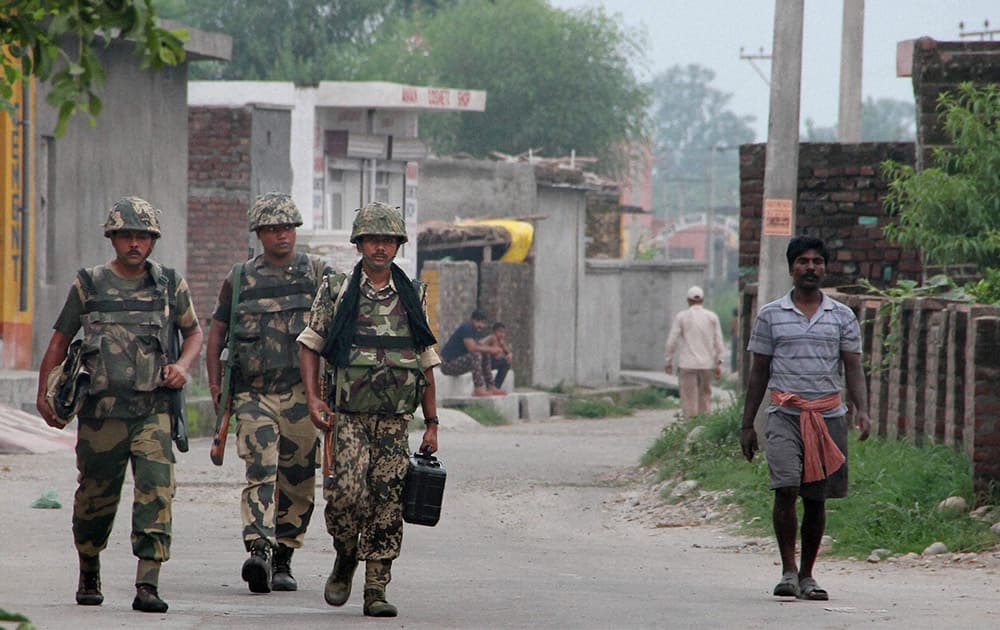 BSF jawans after the ceasefire violation from Pakistan side in Pargwal village.