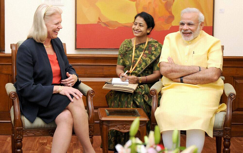 Prime Minister Narendra Modi with IBM, Chief Executive Officer, Ginni Rometty during a meeting.