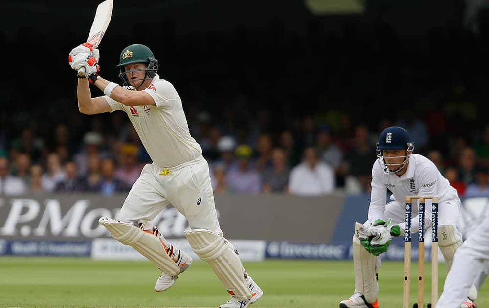 Australia's Steven Smith plays a shot off the bowling of England's Moeen Ali on the first day of the second Ashes Test match between England and Australia, at Lord's cricket ground in London.