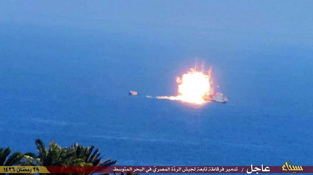 This image posted on a militant social media account affiliated with the Sinai branch of the Islamic State group, shows a fireball rising from an Egyptian Navy vessel during a rocket attack claimed by the group, off the strategic peninsulas Mediterranean coast.