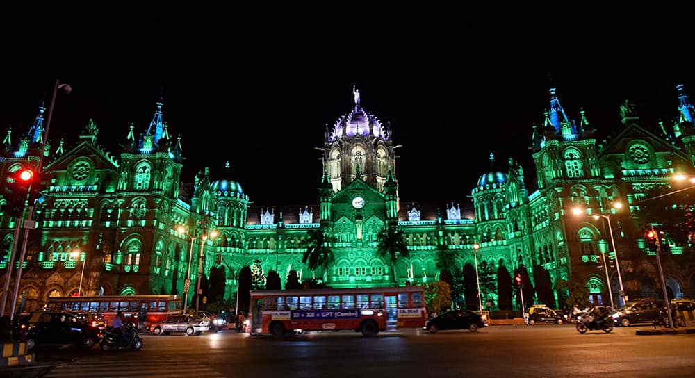 A view of CST station illuminated in green light ahead of Eid in Mumbai.